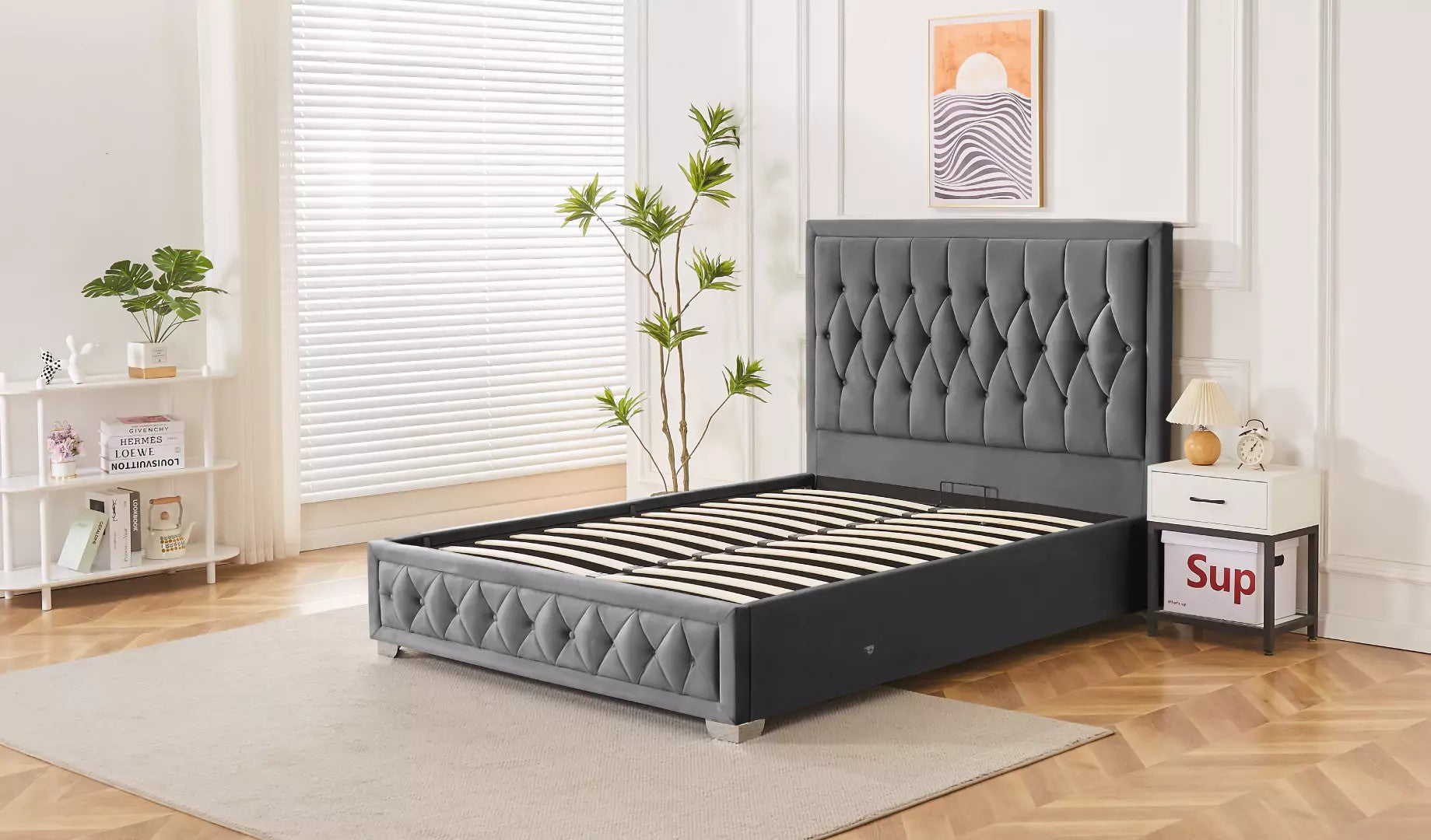 Chelsea Gas Lift Bed With storage | Button Studs Headboard | Mattress(optional)