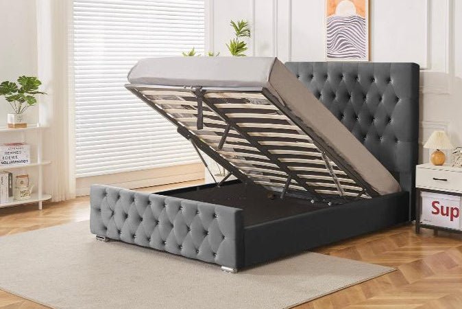 Rio Upholstered Plush Velvet Ottoman Bed With Gas Lift Storage - Barclay Beds